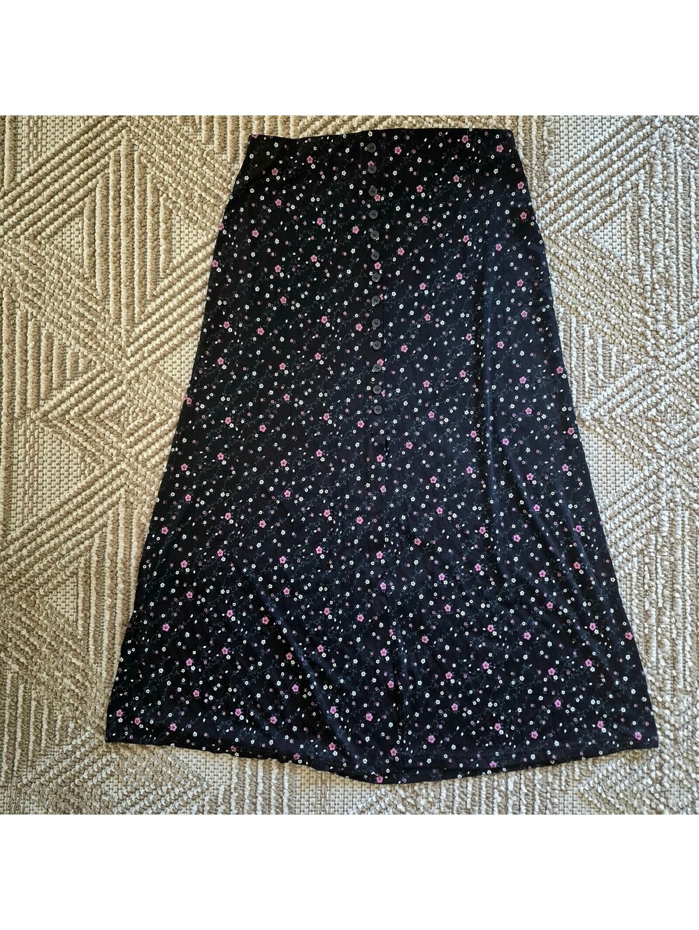 VTG 90s Y2k Witchy Button Up Ditsy Floral Skirt Slinky Nylon Grunge Midi L